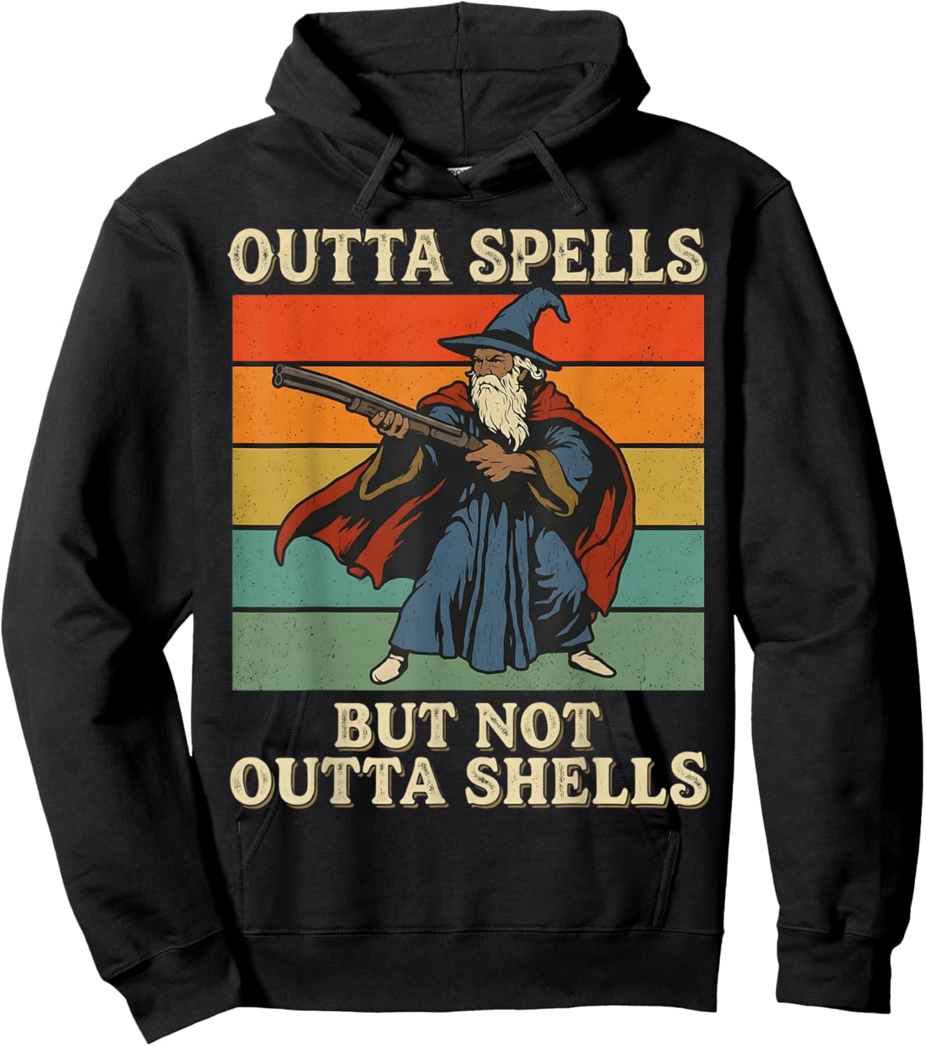 Outta Spells But Not Outta Shells Wizard Retro Fantasy Meme Hoodie - Hoodie | Black