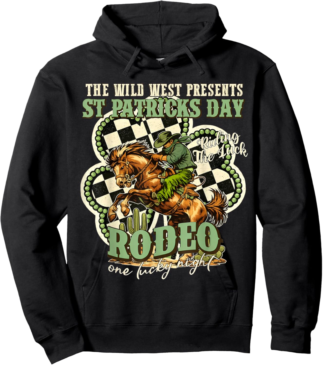 St Patrick’s Rodeo One Lucky Night Western Cowboy Shamrock Hoodie - Hoodie | Black