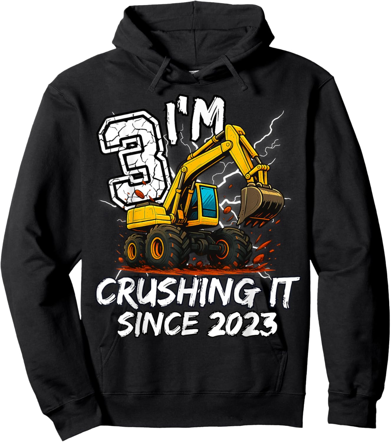 Birthday Excavator Truck 3 Year Old Boys 3rd Party Born 2023 Hoodie - Hoodie | Black