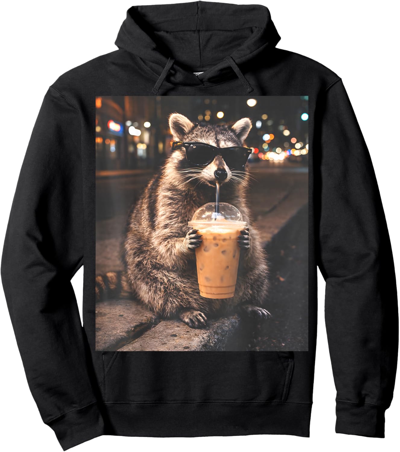 Raccoon Drinking Iced Coffee Funny Animal Meme Men Women Hoodie - Hoodie | Black