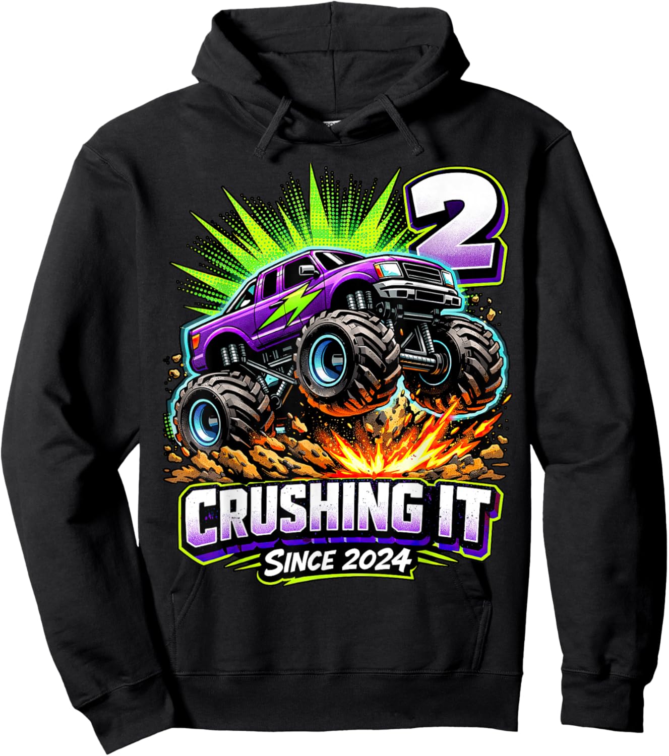 Birthday Monster Truck 2 Year Old Boys 2nd Party Born 2024 Hoodie - Hoodie | Black