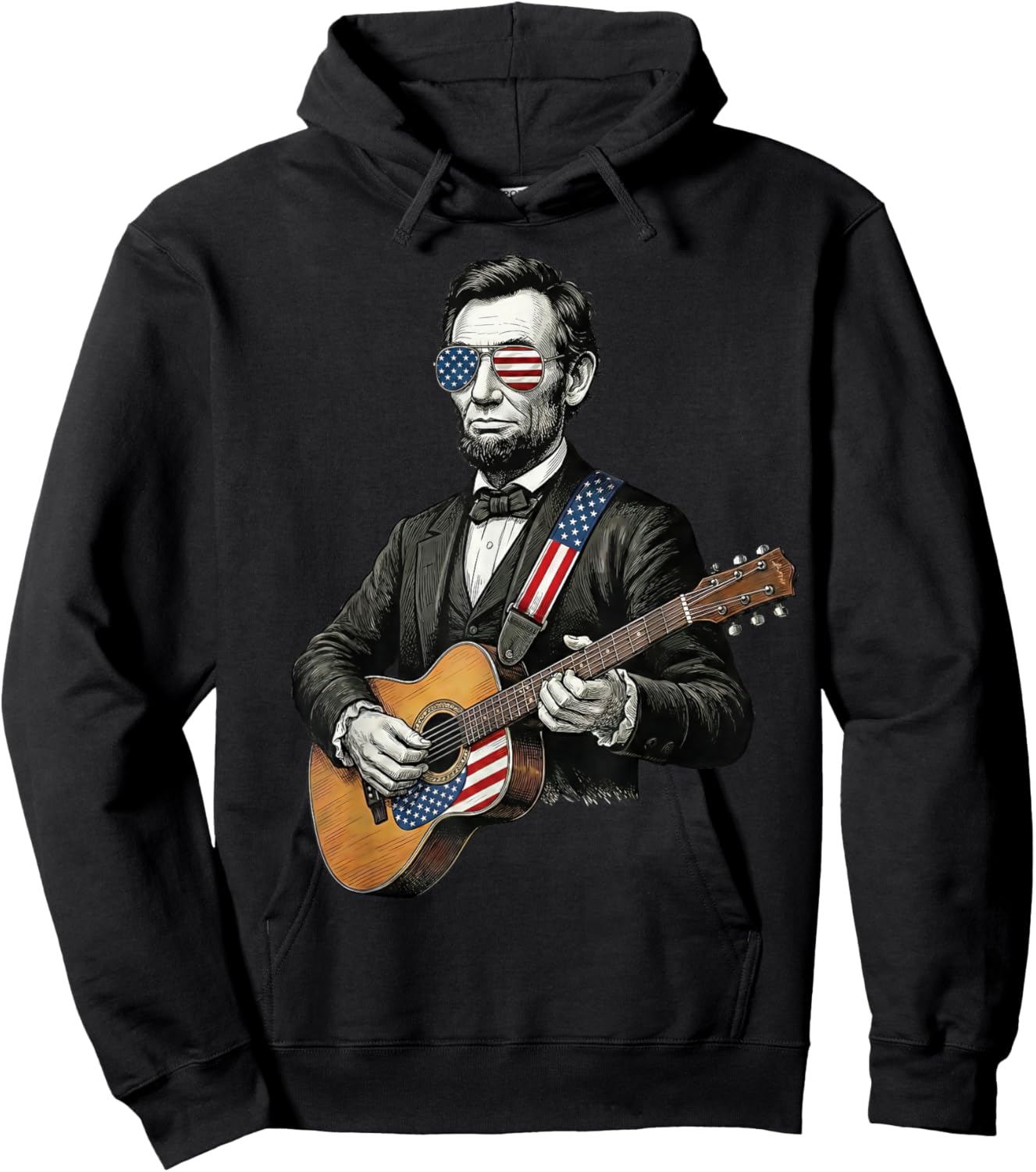 Abraham Lincoln Playing Guitar Funny 4th of July Patriotic Hoodie - Hoodie | Black