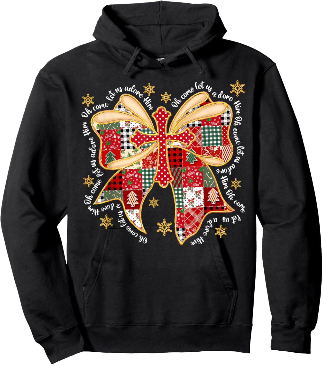 Oh Come Let Us Adore Him Jesus Coquette Bow Cross Patchwork Hoodie - Hoodie | Black