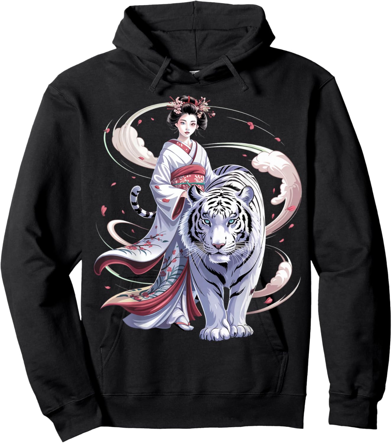 White Tiger Sakura Japanese Geisha Guardian Hoodie - Hoodie | Black