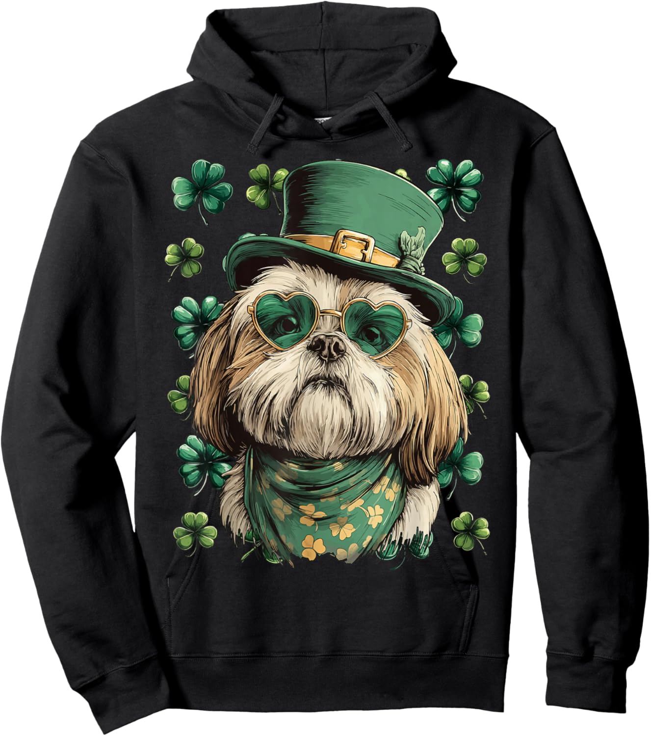 Shih Tzu with Shamrocks Hearts Sunglasses St Patricks Day Hoodie - Hoodie | Black