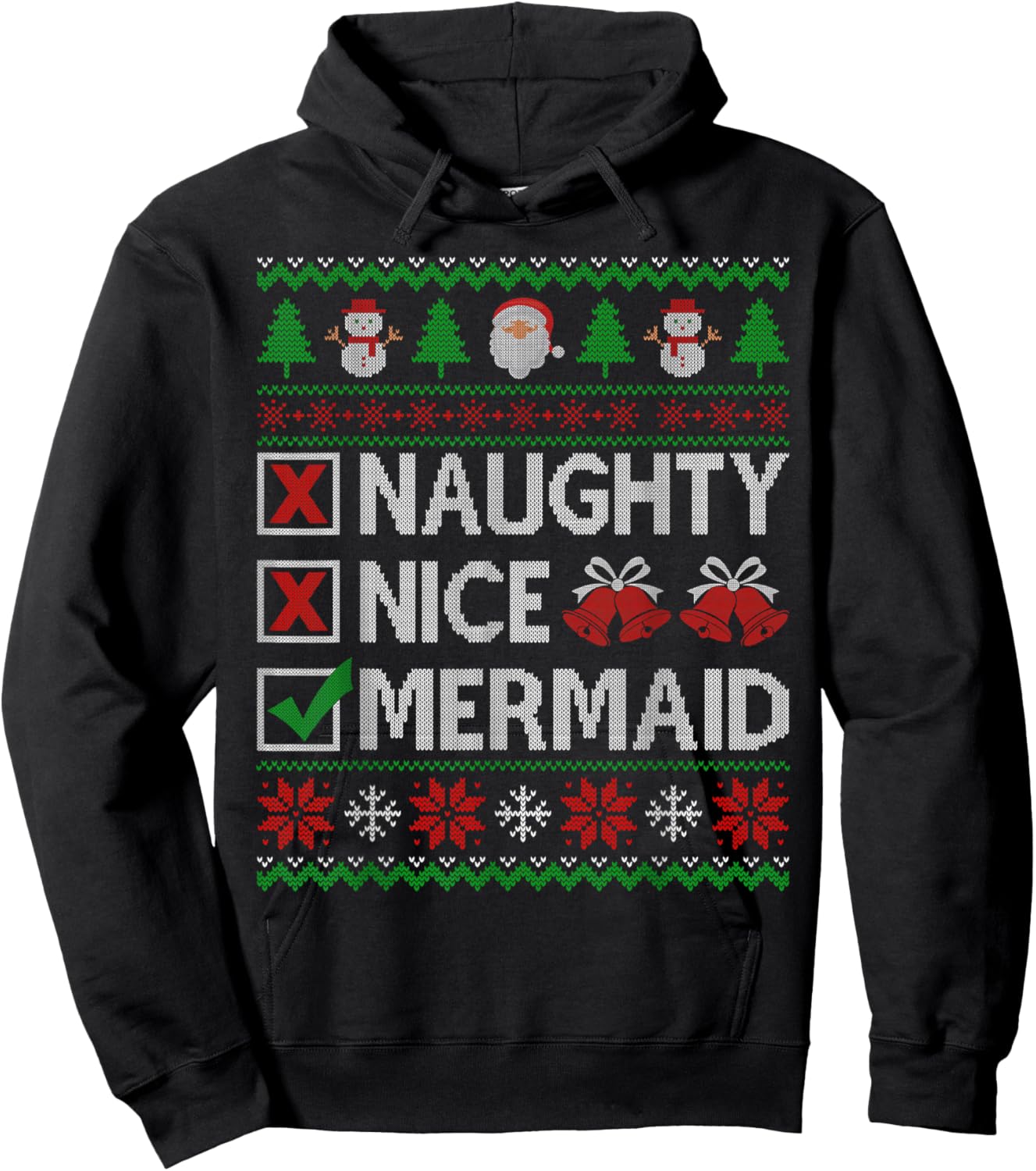Naughty Nice Mermaid Santa Claus Ugly Christmas Sweater Hoodie - Hoodie | Black
