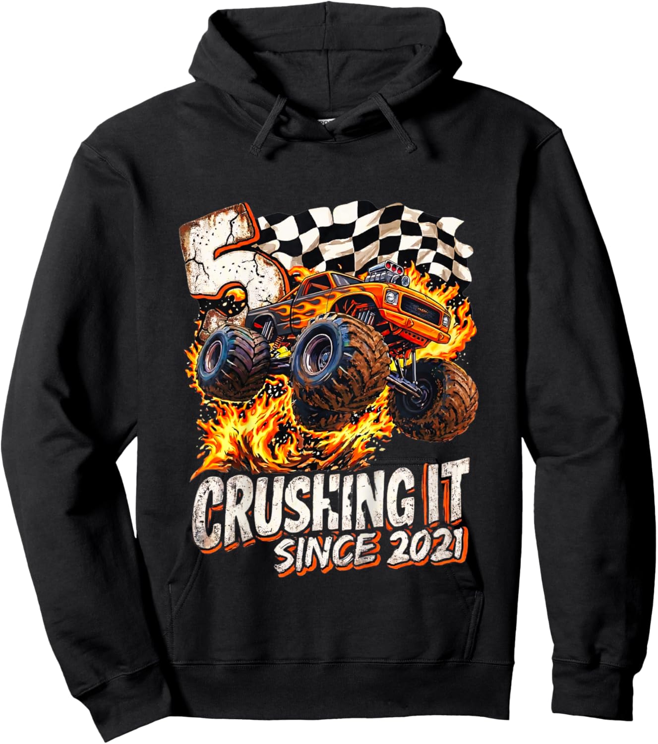 Kids Birthday Monster Truck Boys 5 Crushing It Since 2021 Kids Hoodie - Hoodie | Black