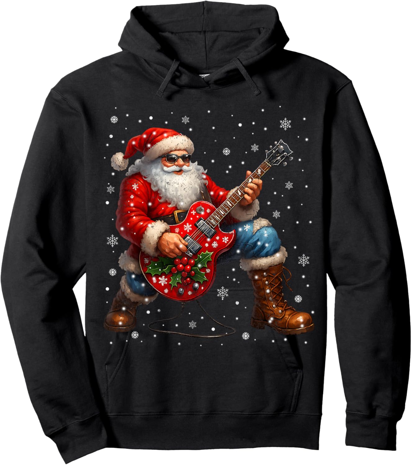 Vintage Rock On Santa Graphic Christmas Xmas Guitar Hoodie - Hoodie | Black