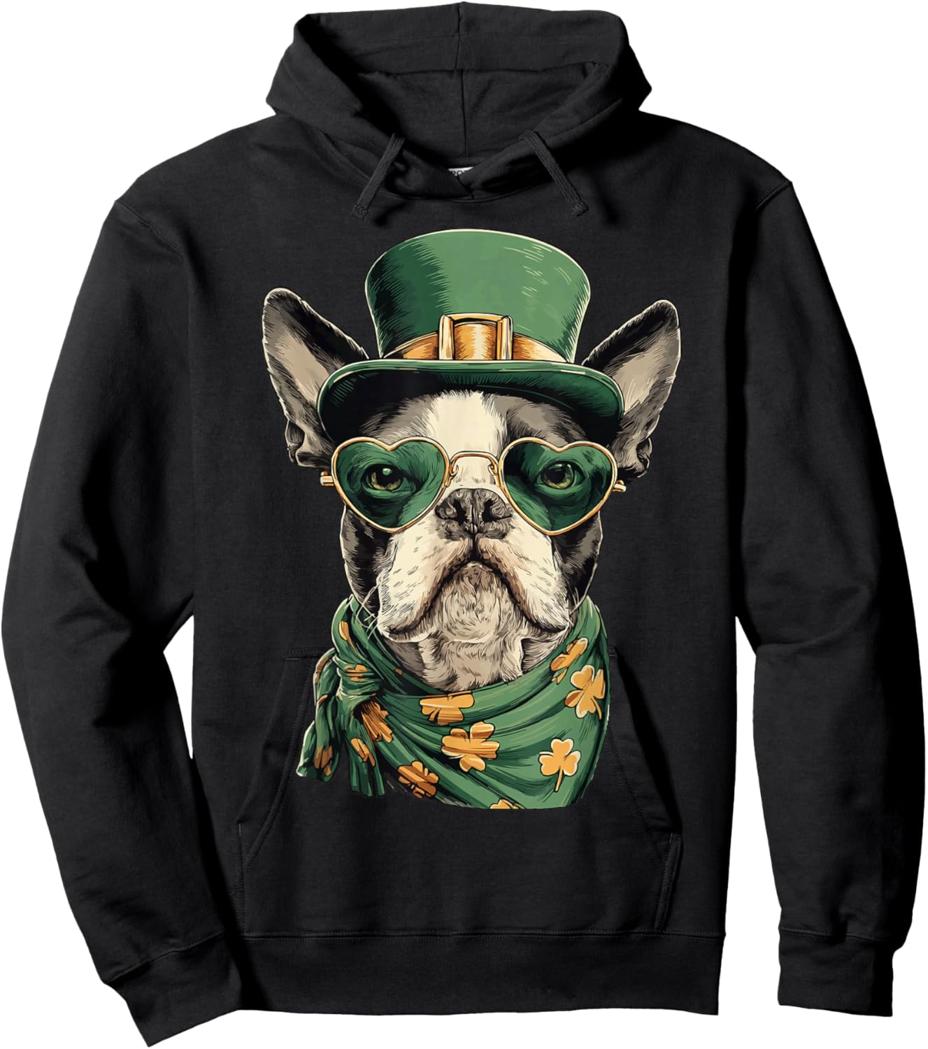 Irish Boston Terrier in Sunglasses Shamrocks St Patricks Day Hoodie - Hoodie | Black