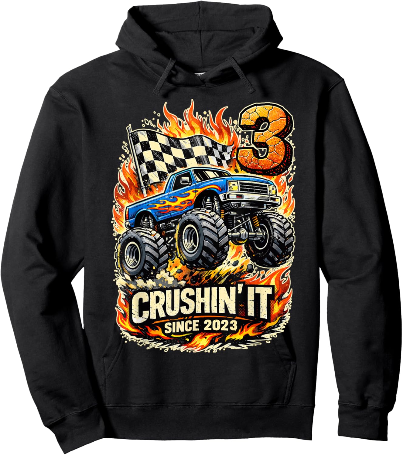 Birthday Monster Truck 3 Year Old Boys 3rd Party Born 2023 Hoodie - Hoodie | Black