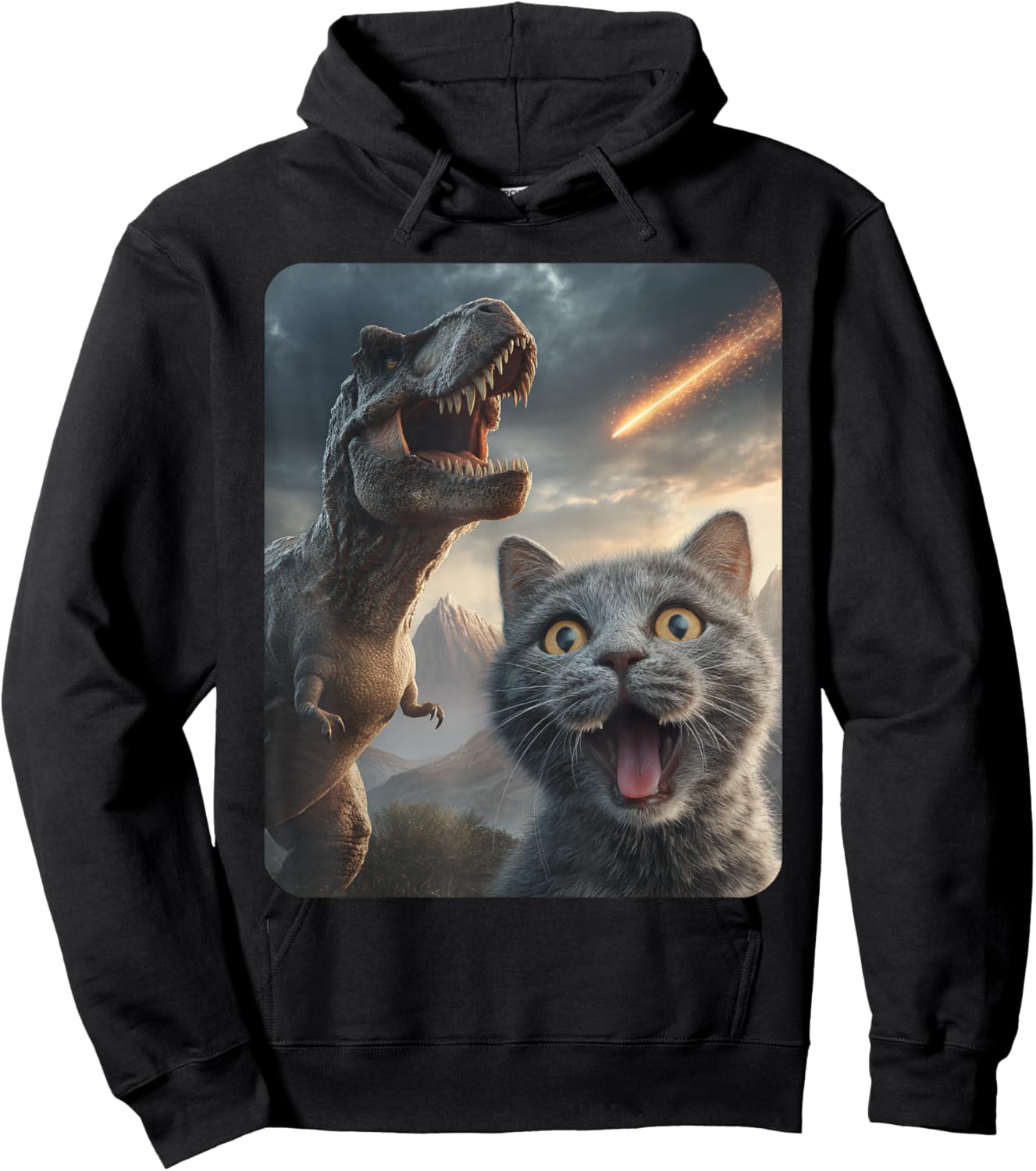 Cat Selfie with T-Rex Dinosaur Funny Cat T Rex Shirt Meme Hoodie - Hoodie | Black