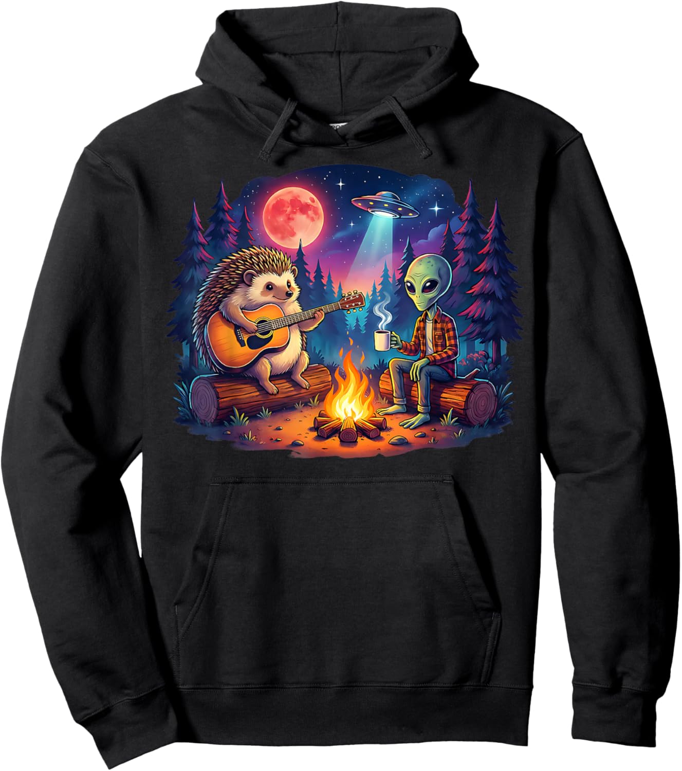 Funny Alien and Hedgehog Camping Campfire Moon UFO Guitar Hoodie - Hoodie | Black