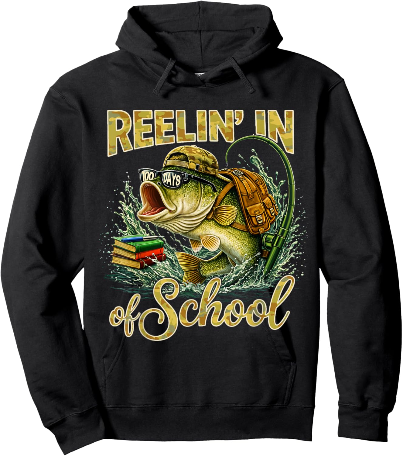 Reelin' in 100 Days of School Fishing Bass Kids Teacher Hoodie - Hoodie | Black