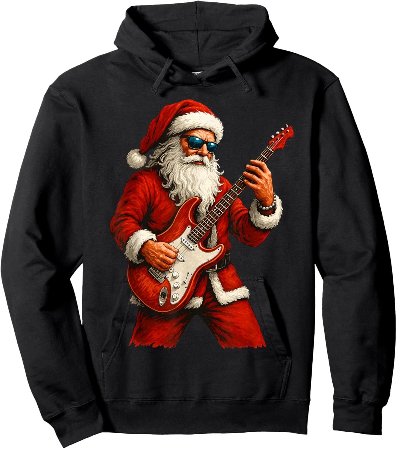 Santa Claus Playing Guitar Funny Christmas Rock Guitar Hoodie - Hoodie | Black