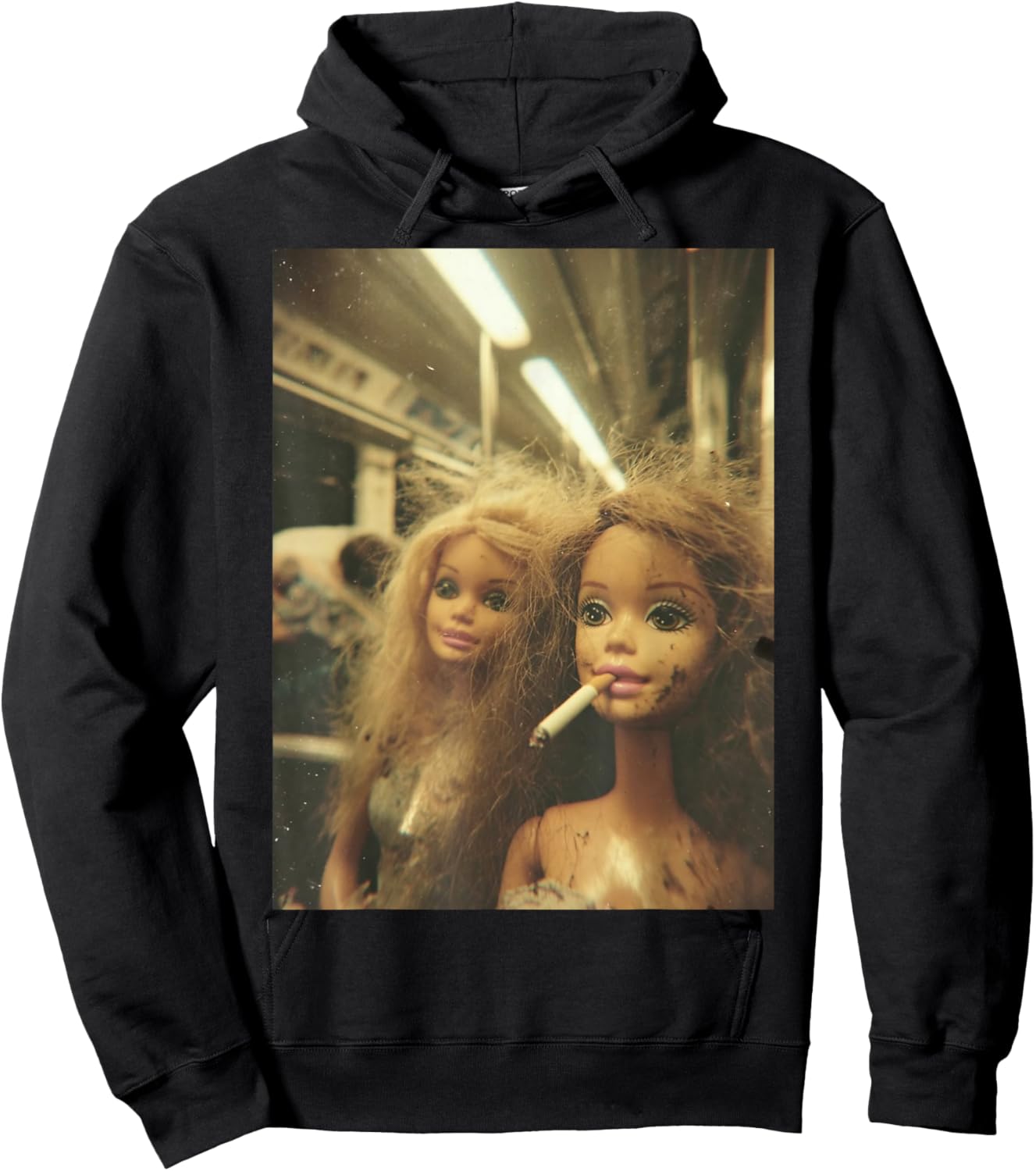 Funny Disgusting Doll face Meme Smoking Y2K Sarcastic Gift Hoodie - Hoodie | Black