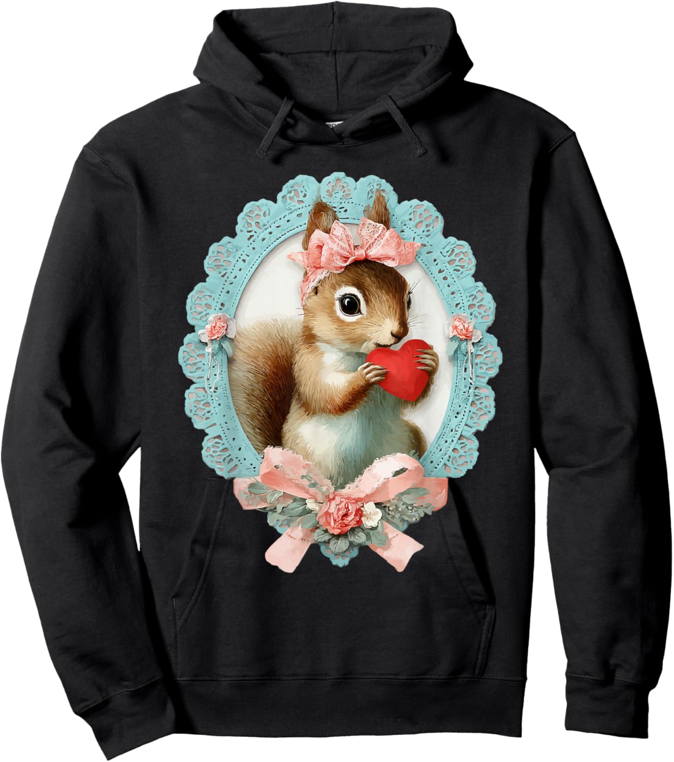 Cute Squirrel Valentine with Heart Vintage Animal Coquette Hoodie - Hoodie | Black