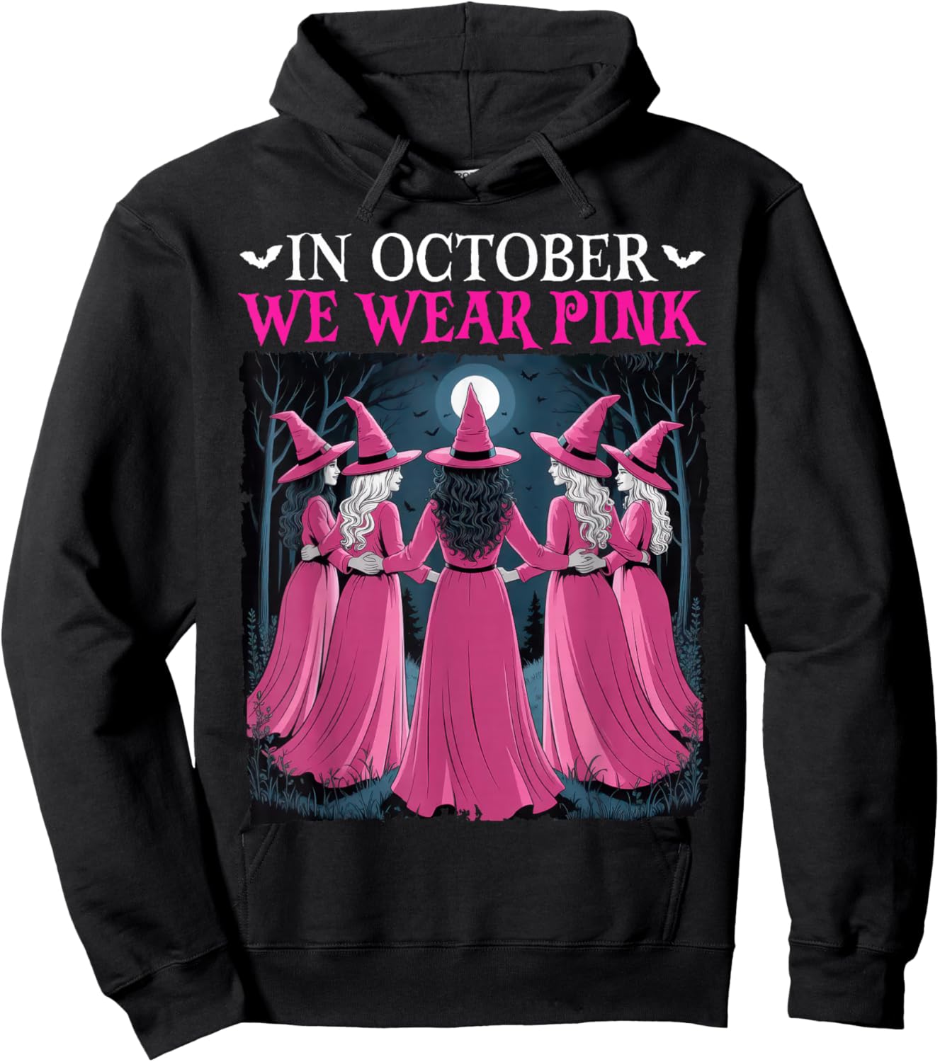 in October We Wear Pink Witch Halloween Breast Cancer Women Hoodie - Hoodie | Black