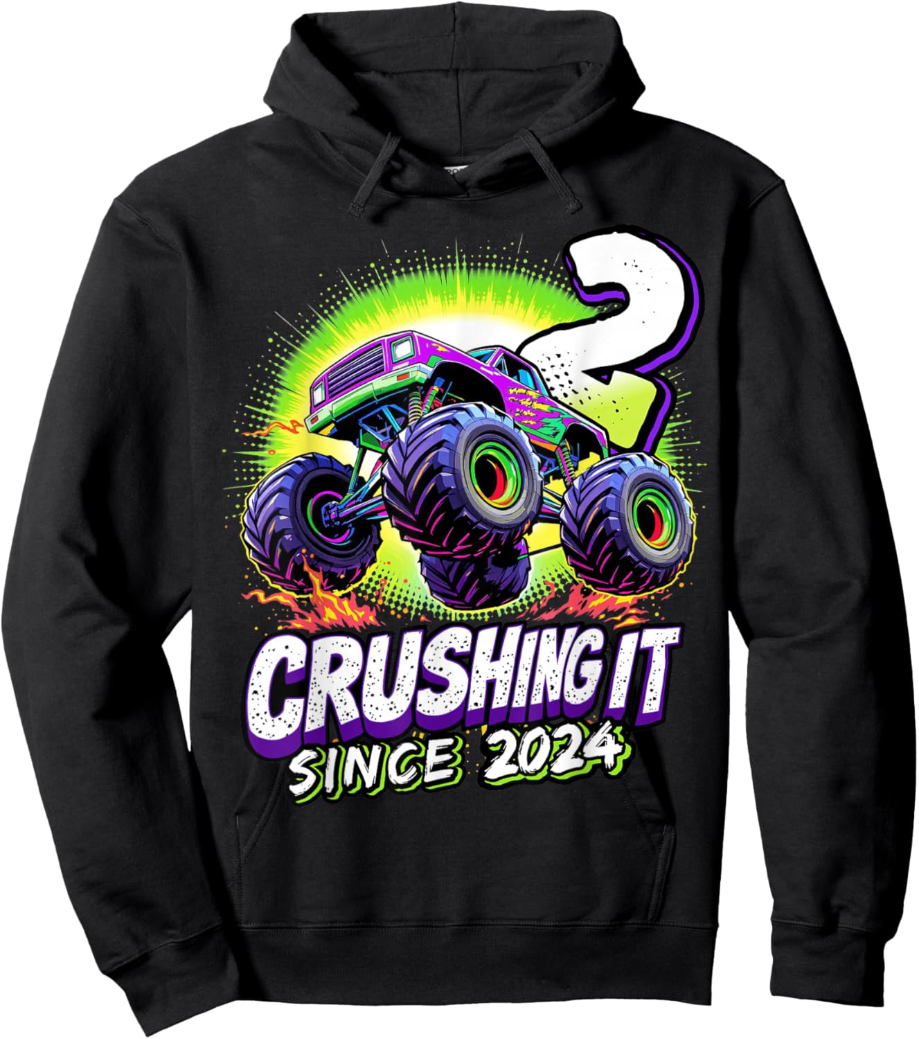 Birthday Monster Truck 2 Year Old Boys 2nd Party Born 2024 Hoodie - Hoodie | Black