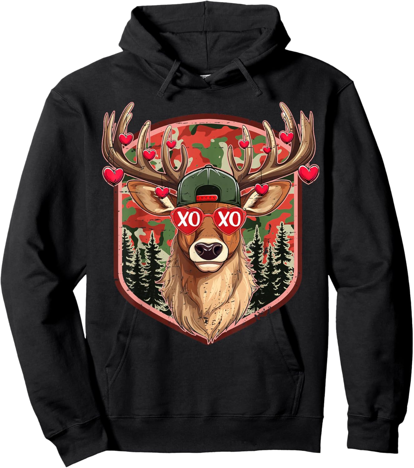 XOXO Valentine Buck Camo Deer Retro Hunting Valentines Day Hoodie - Hoodie | Black