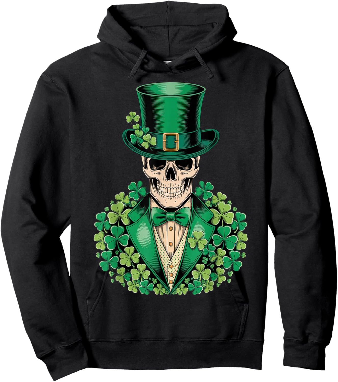 Vintage St Patrick Skull Gothic Irish Biker Shamrock Top Hat Hoodie - Hoodie | Black