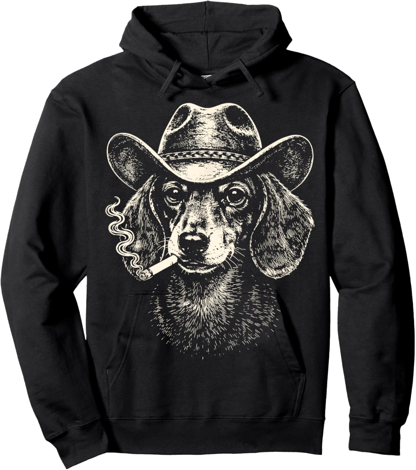 Vintage Western Cowboy Dachshund Smoking Cigarette Dog Meme Hoodie - Hoodie | Black