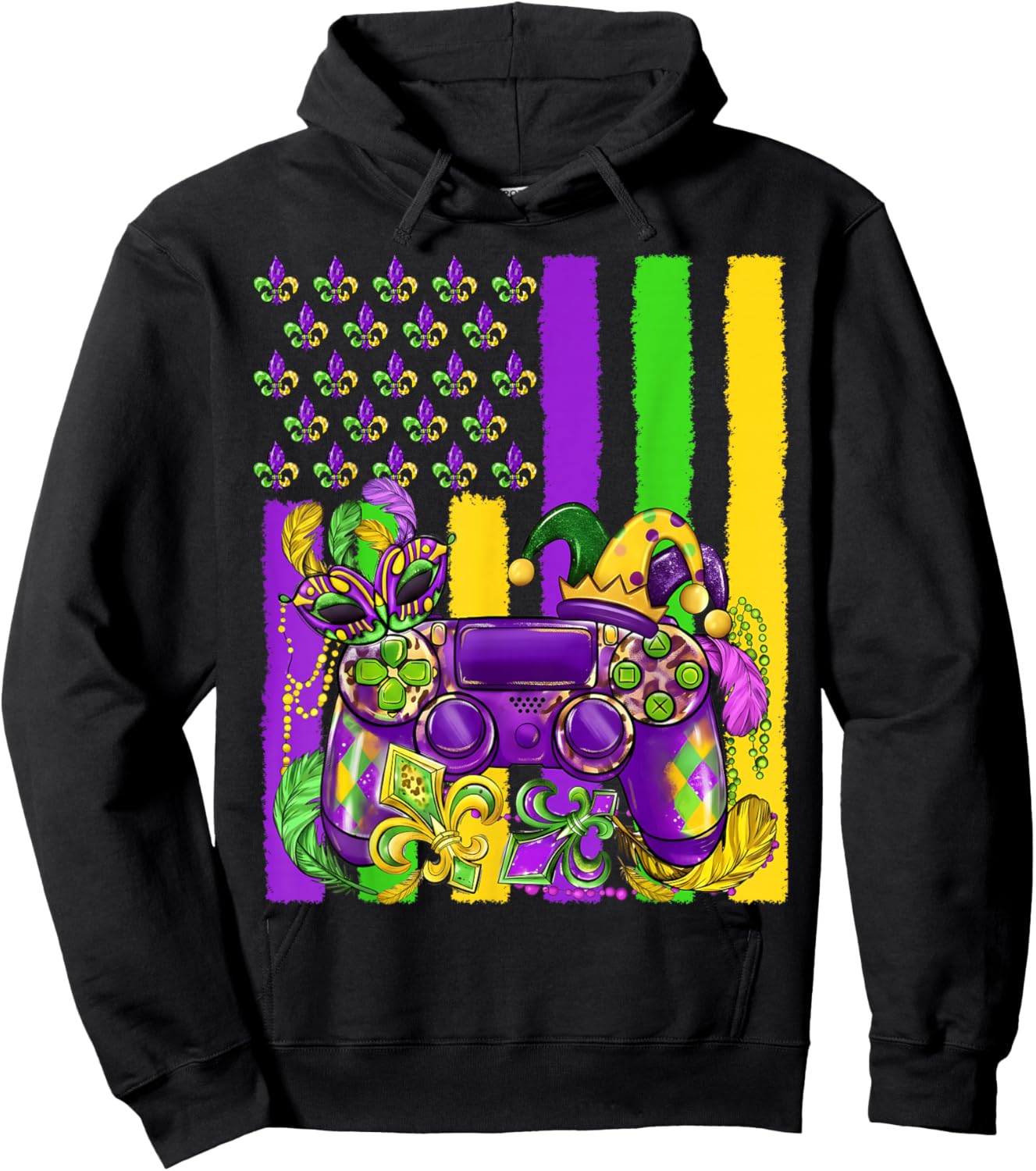 Mardi Gras Video Game Flag Fleur De Lis Jester Boy Girl Kid Hoodie - Hoodie | Black