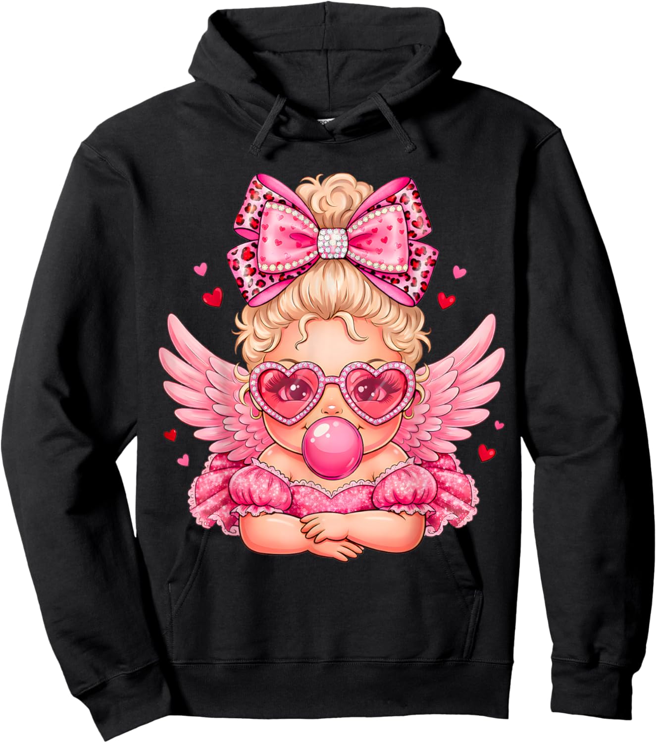 Leopard Bow Cupid Valentine Day Cute Cupid Blowing Bubble Hoodie - Hoodie | Black