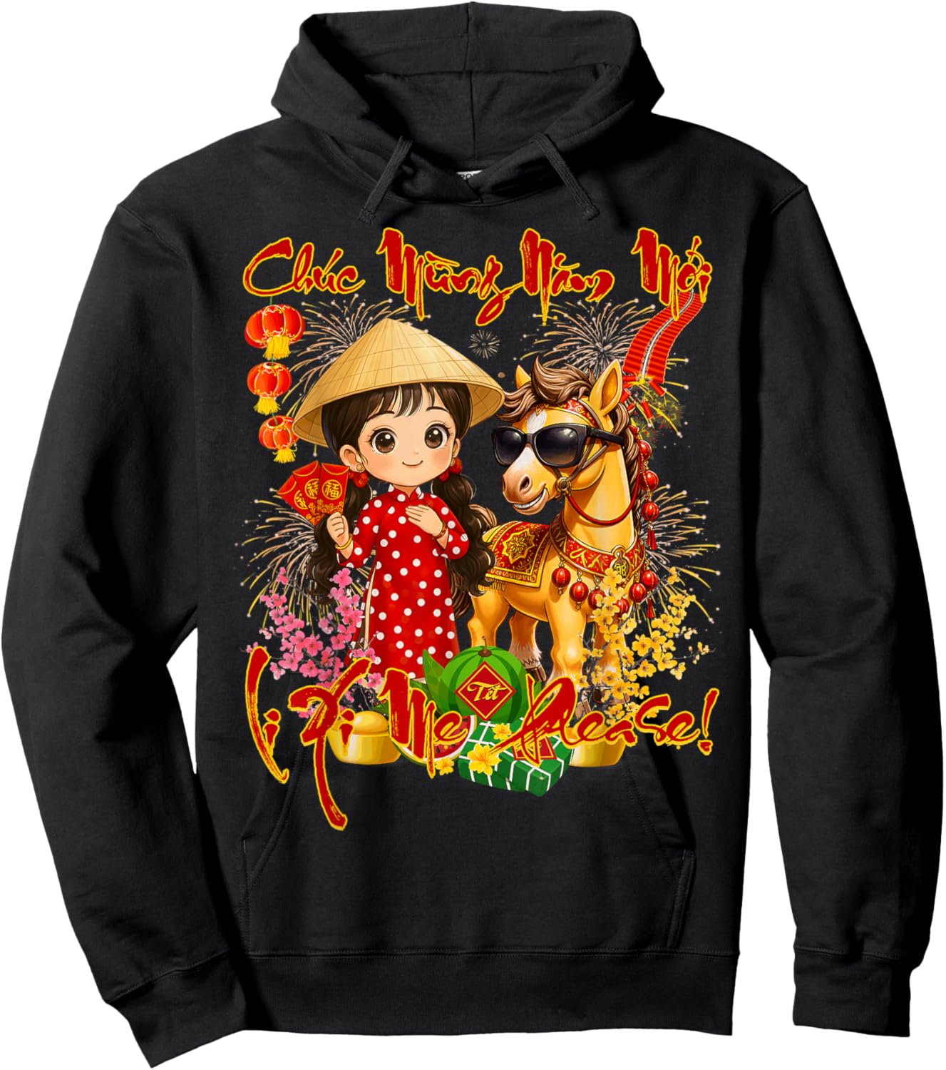 Happy TET Chuc Mung NAM Moi 2026 Li Xi Me Please Kids Girls Hoodie - Hoodie | Black