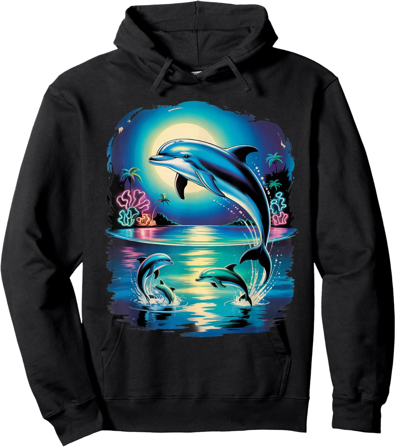 Vintage Retro 90s Airbrushed Dolphins in Ocean Sunset Hoodie - Hoodie | Black