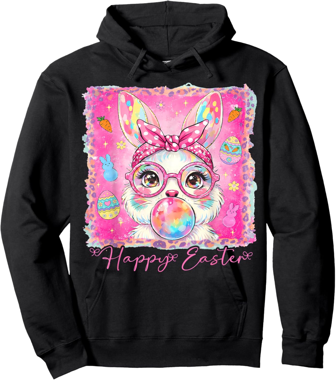 Happy Easter Cute Rabbit Bunny Face Blowing Bubble Gum Girls Hoodie - Hoodie | Black