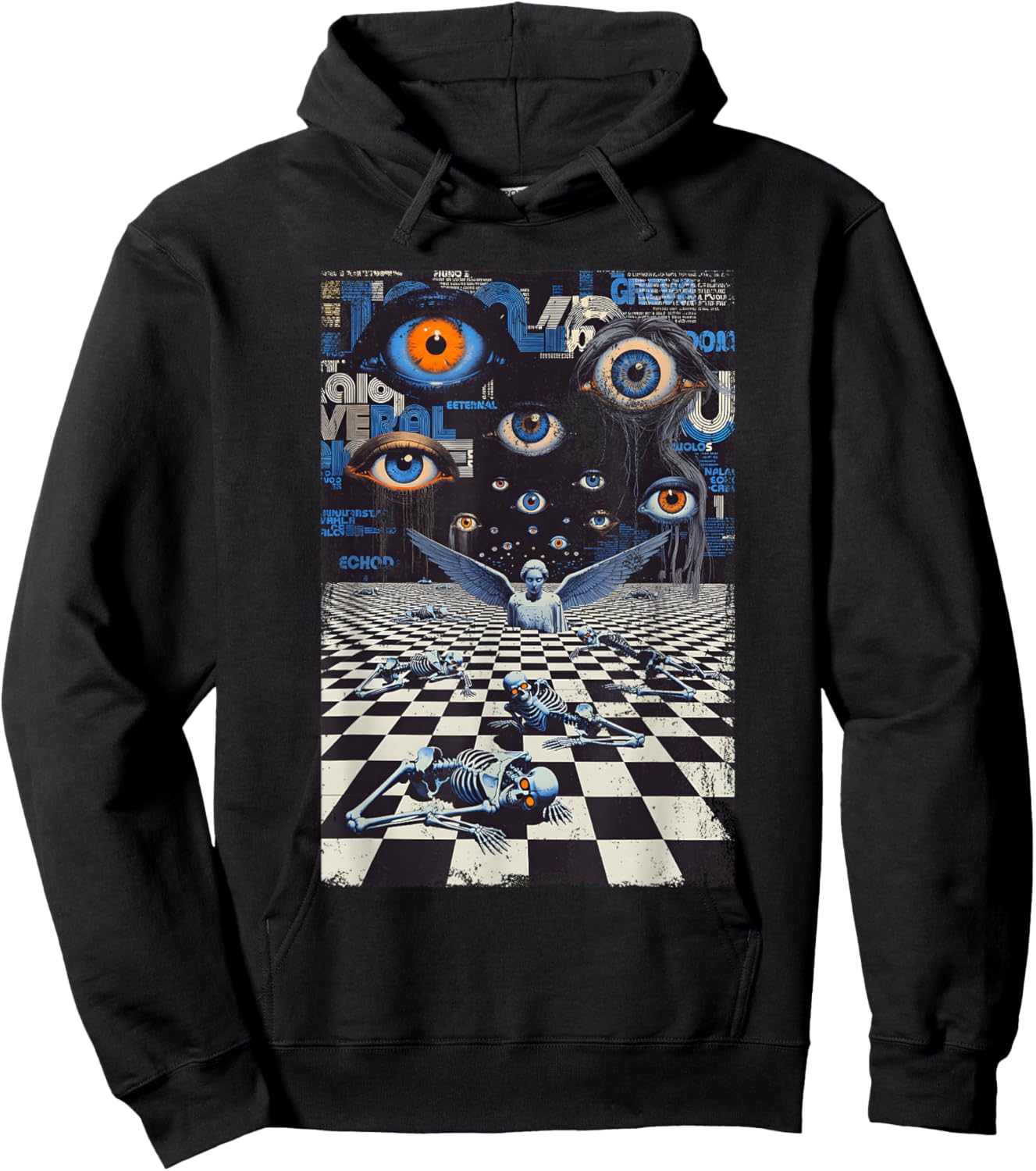 Weirdcore Eyes Skeleton Glitch Art Surreal Checkered Floor Hoodie - Hoodie | Black