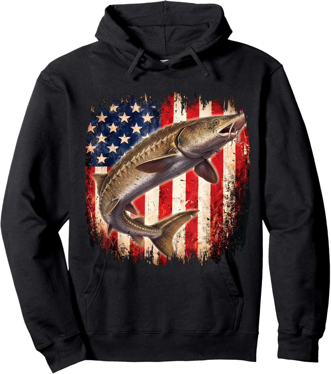 American Flag Sturgeon Fish Fishing Vintage Fisherman Hoodie - Hoodie | Black