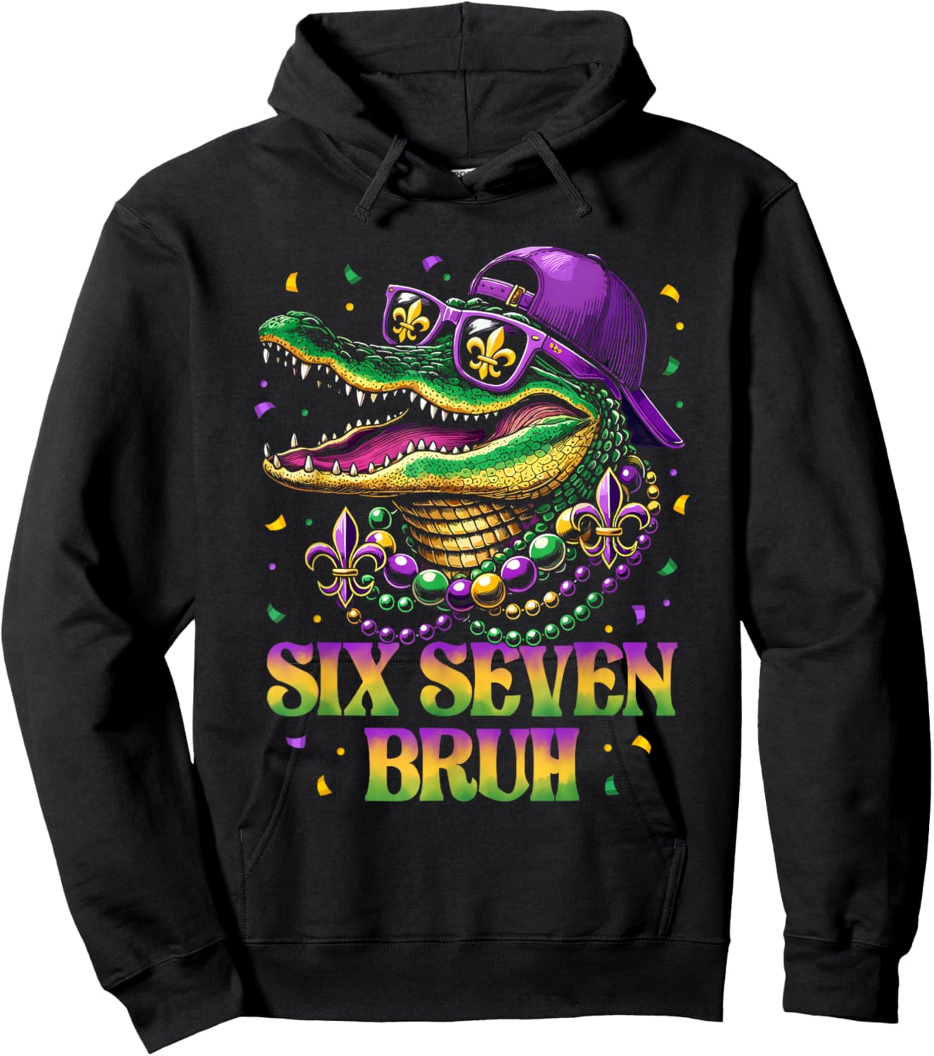 Mardi Gras Six Seven Bruh Mardigator Alligator 6 7 Meme Boys Hoodie - Hoodie | Black