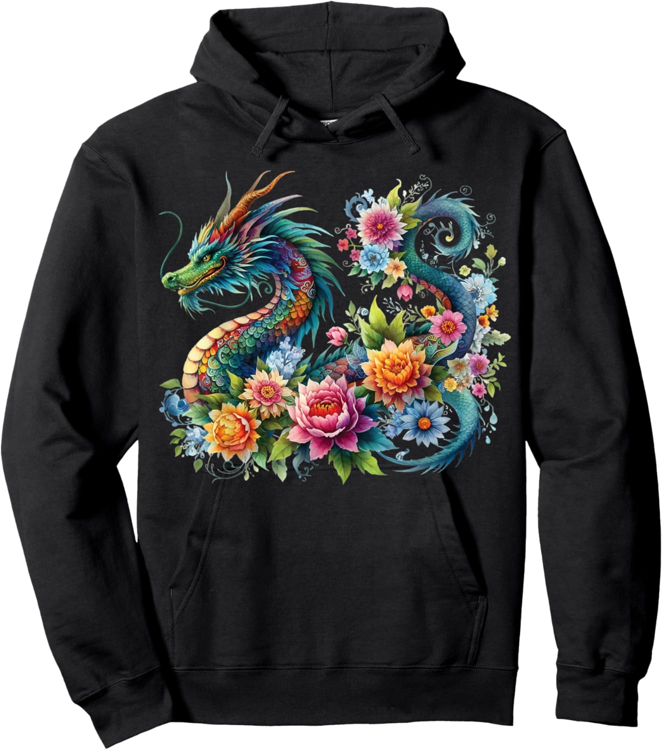 Watercolor Dragon Flowers Beautiful Art Colorful Graphic Hoodie - Hoodie | Black