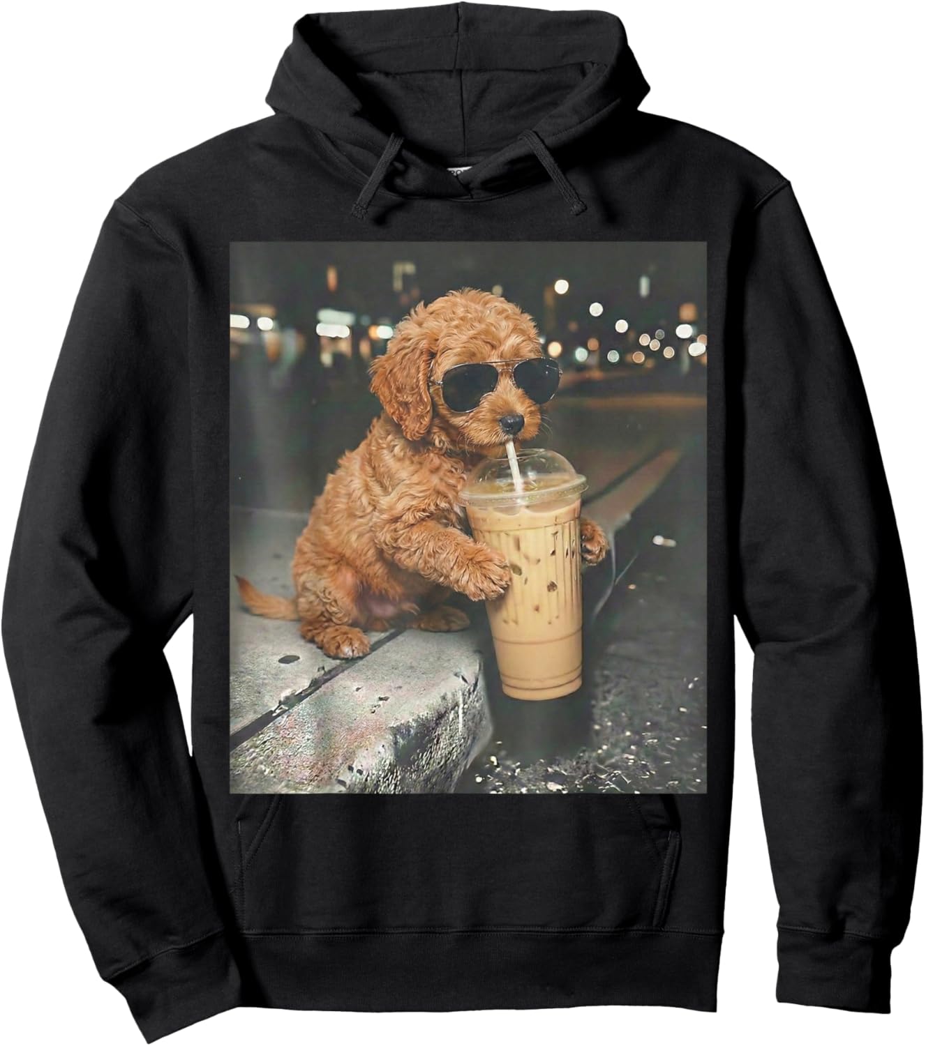 Goldendoodle Drinking Iced Coffee Funny Dog Meme Doodle Hoodie - Hoodie | Black
