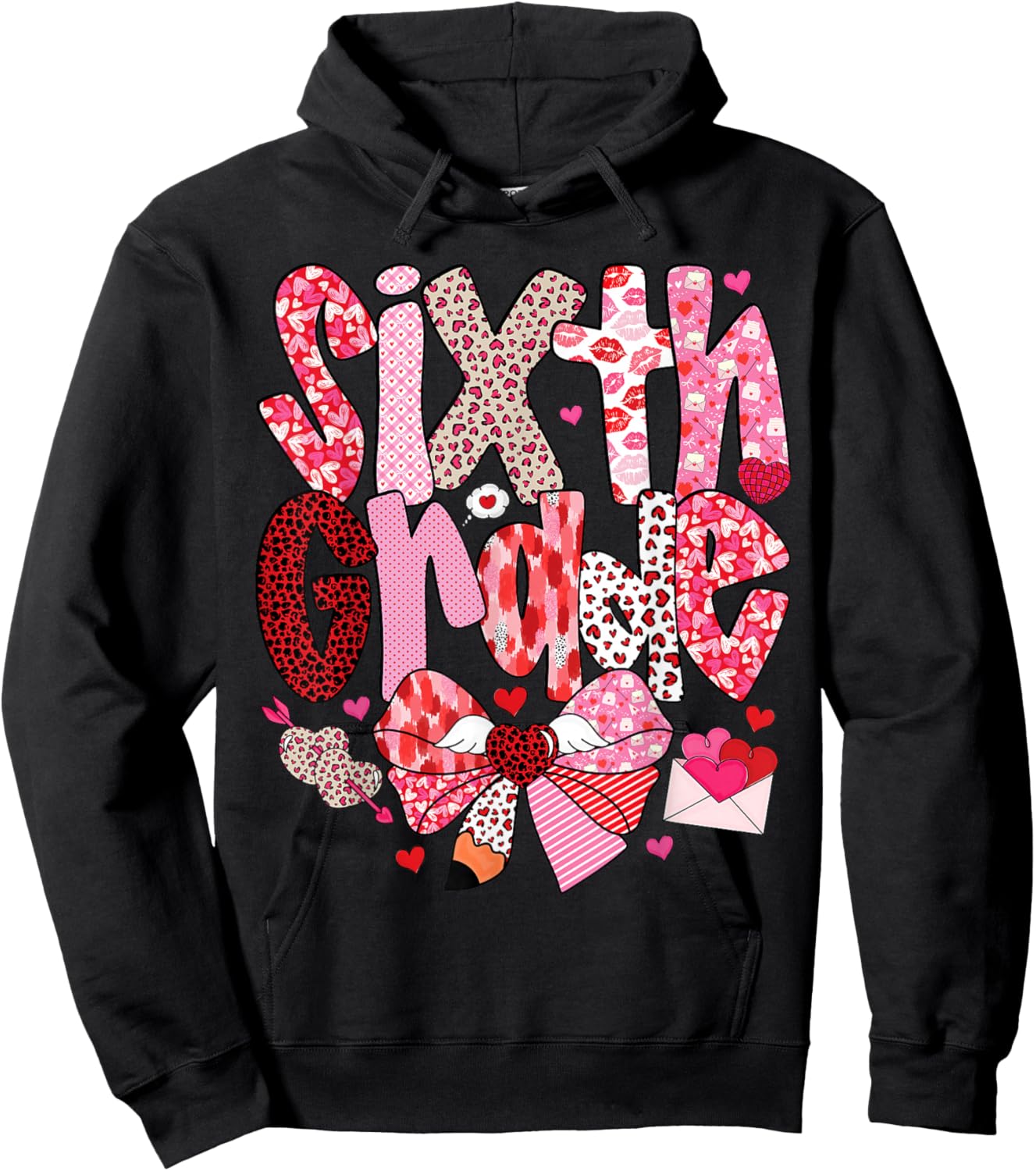 Sixth Grade Valentine Teacher Heart Design Hoodie - Hoodie | Black