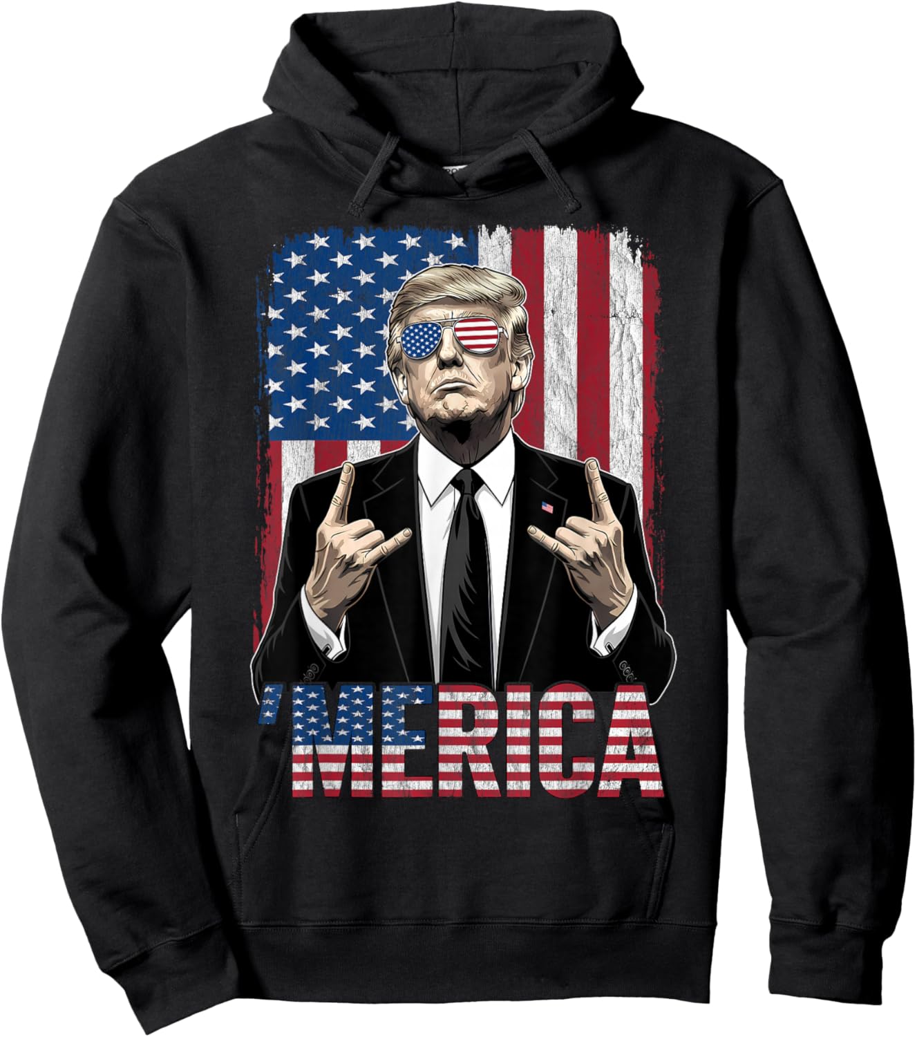 Merica American Funny Trump Patriotic 4th of July USA Flag Hoodie - Hoodie | Black