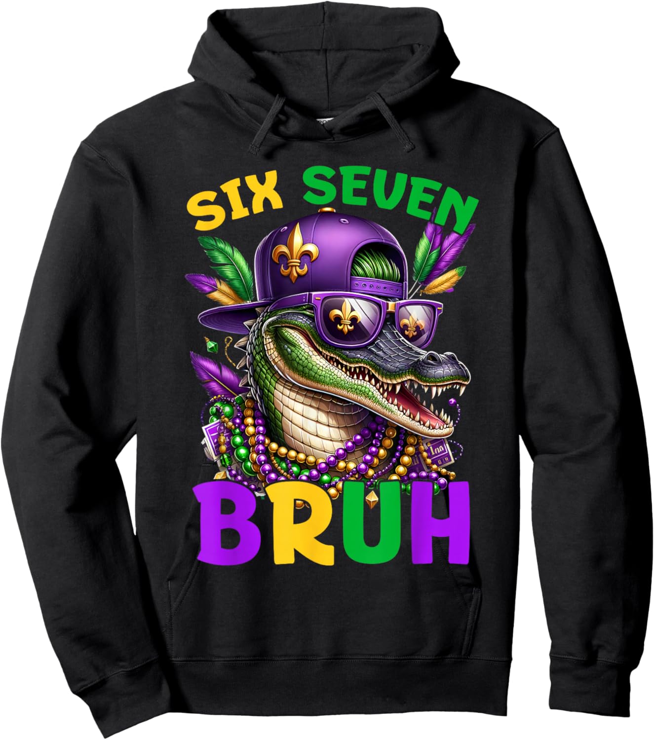 Mardi Gras Six Seven Bruh Mardigator Alligator 6 7 Meme Boys Hoodie - Hoodie | Black