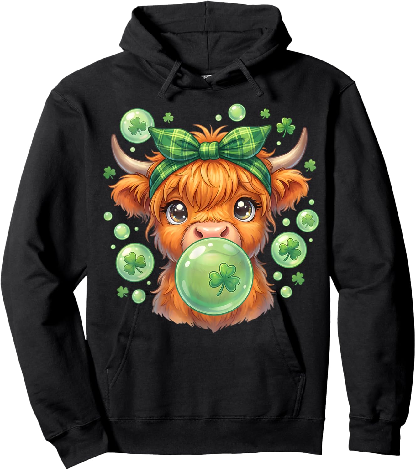 Highland Cow Blowing Bubblegum Celebrate St Patricks Day Hoodie - Hoodie | Black