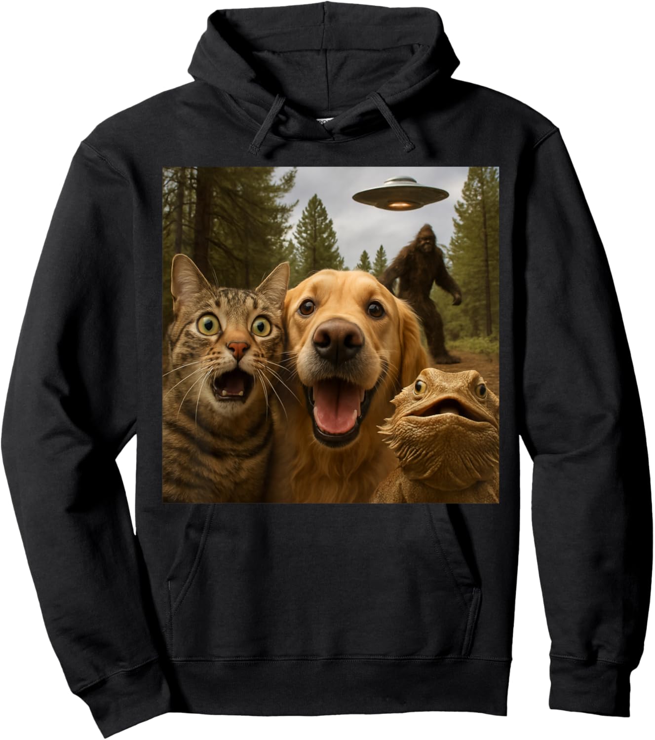 Funny Cat Selfie with Bearded Dragon UFO & Bigfoot Hoodie - Hoodie | Black