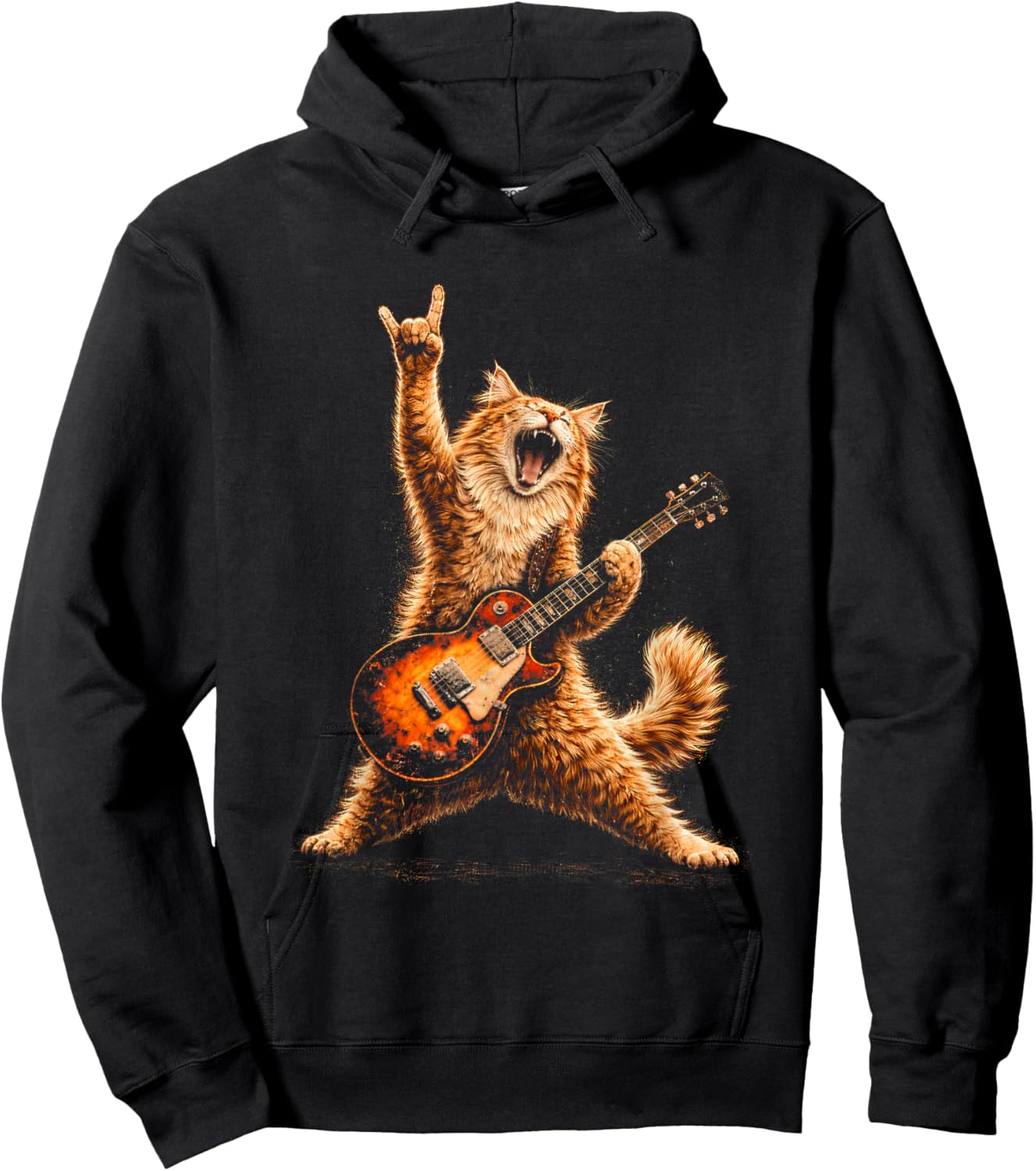 Funny Cat Playing Guitar Shirt Cat Guitarist Rock and Roll Hoodie - Hoodie | Black