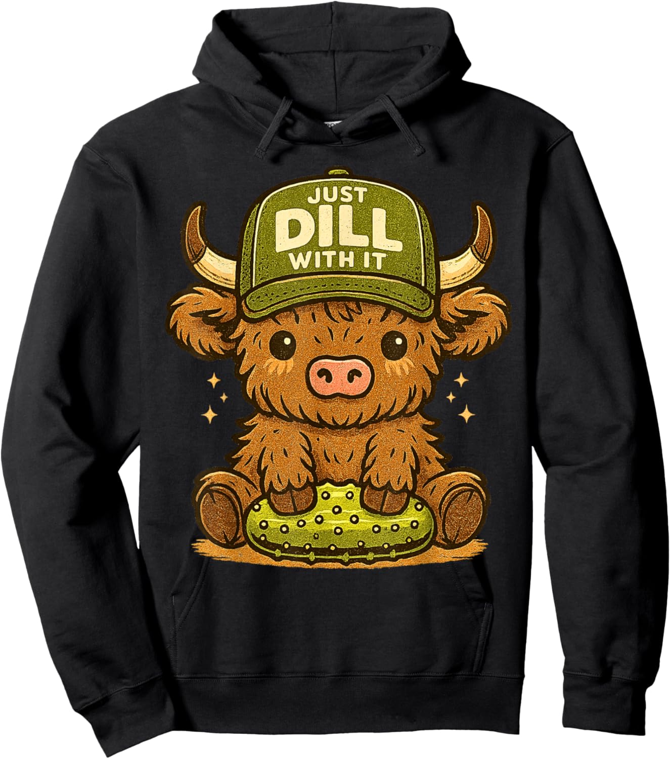 Just Dill with It Cute Highland Cow Pickle Pun Hoodie - Hoodie | Black