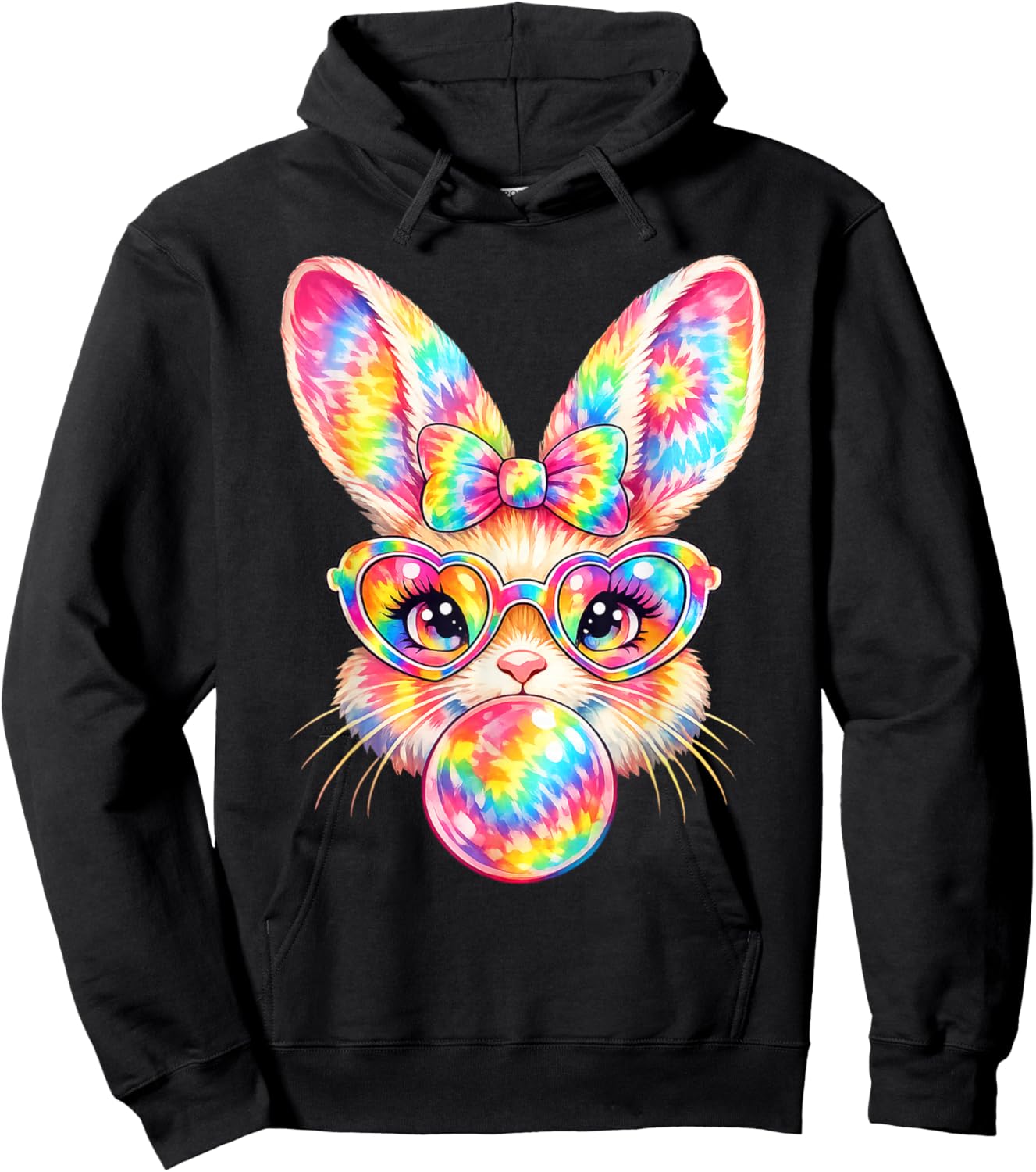 Rainbow Bunny Tie Dye Easter Coquette Bow with Sunglasses Hoodie - Hoodie | Black