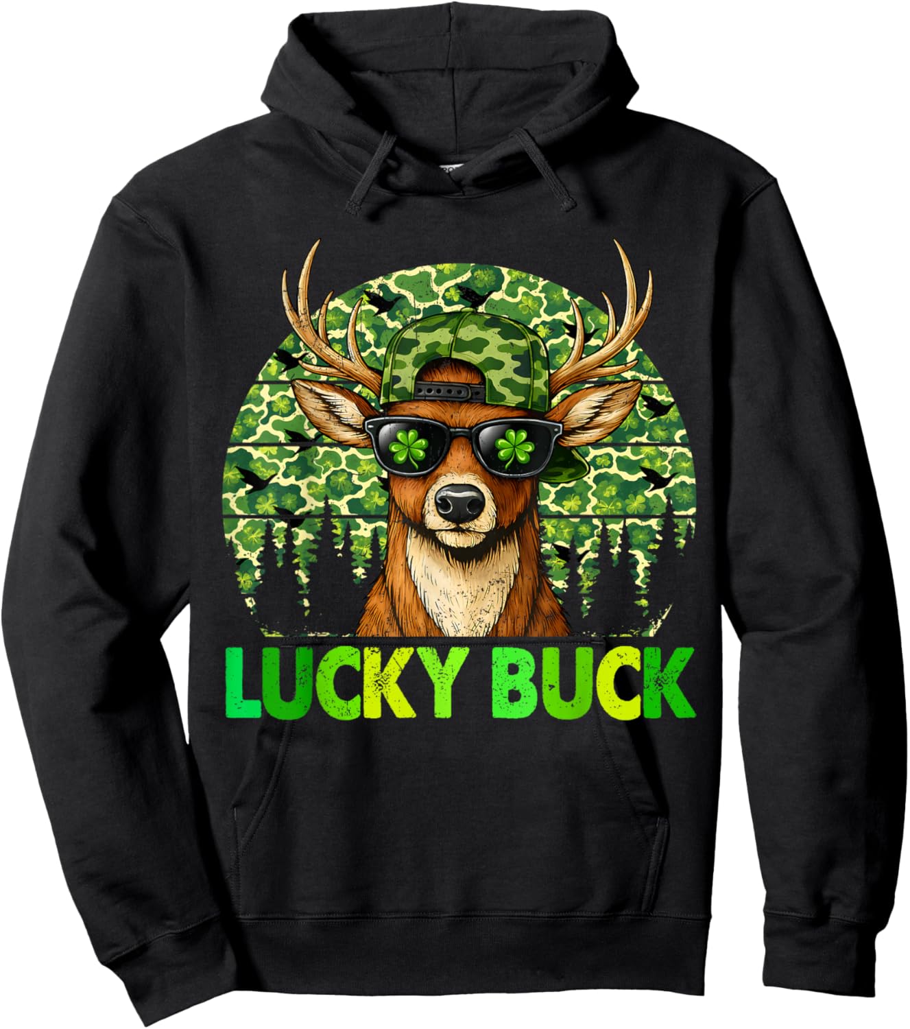 Vintage Lucky Buck Shamrock Camo Deer St Patrick Men Boy Kid Hoodie - Hoodie | Black