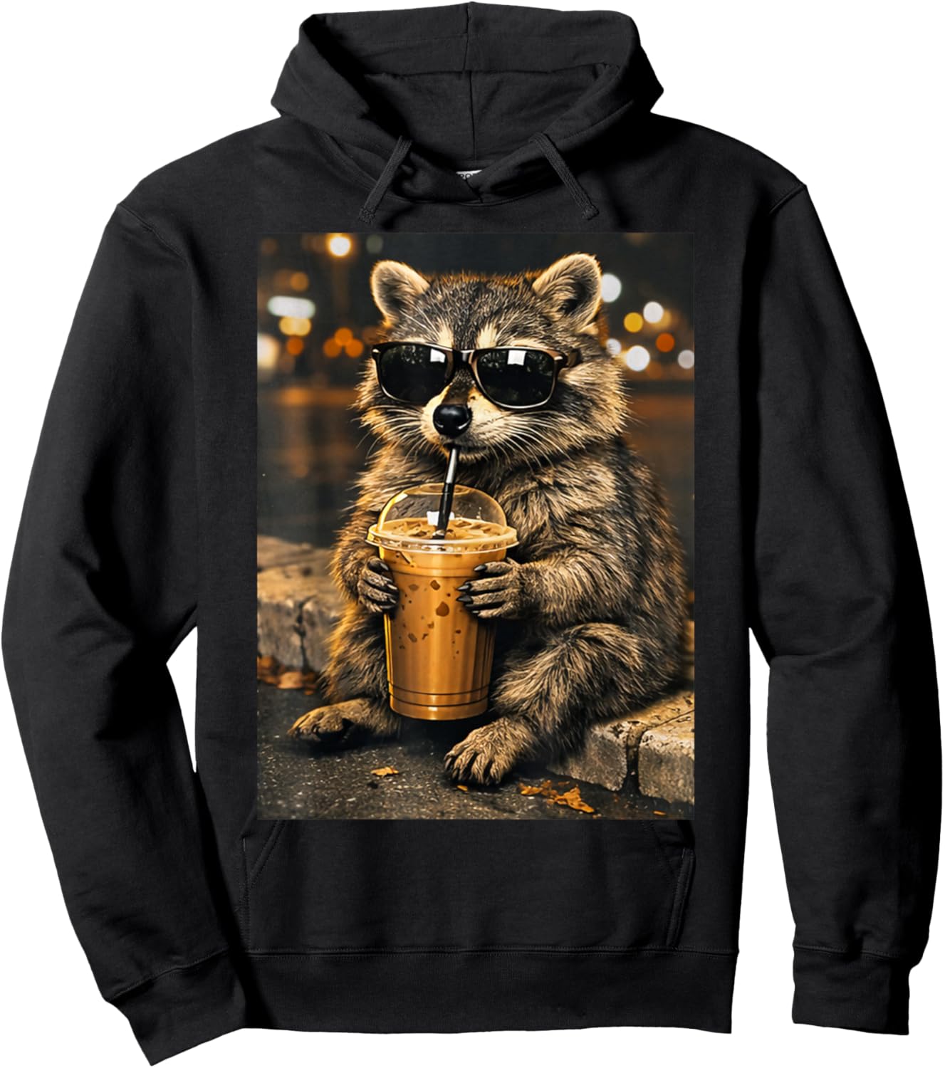 Funny Raccoon Drinking Iced Coffee Animal Meme Men Women Hoodie - Hoodie | Black