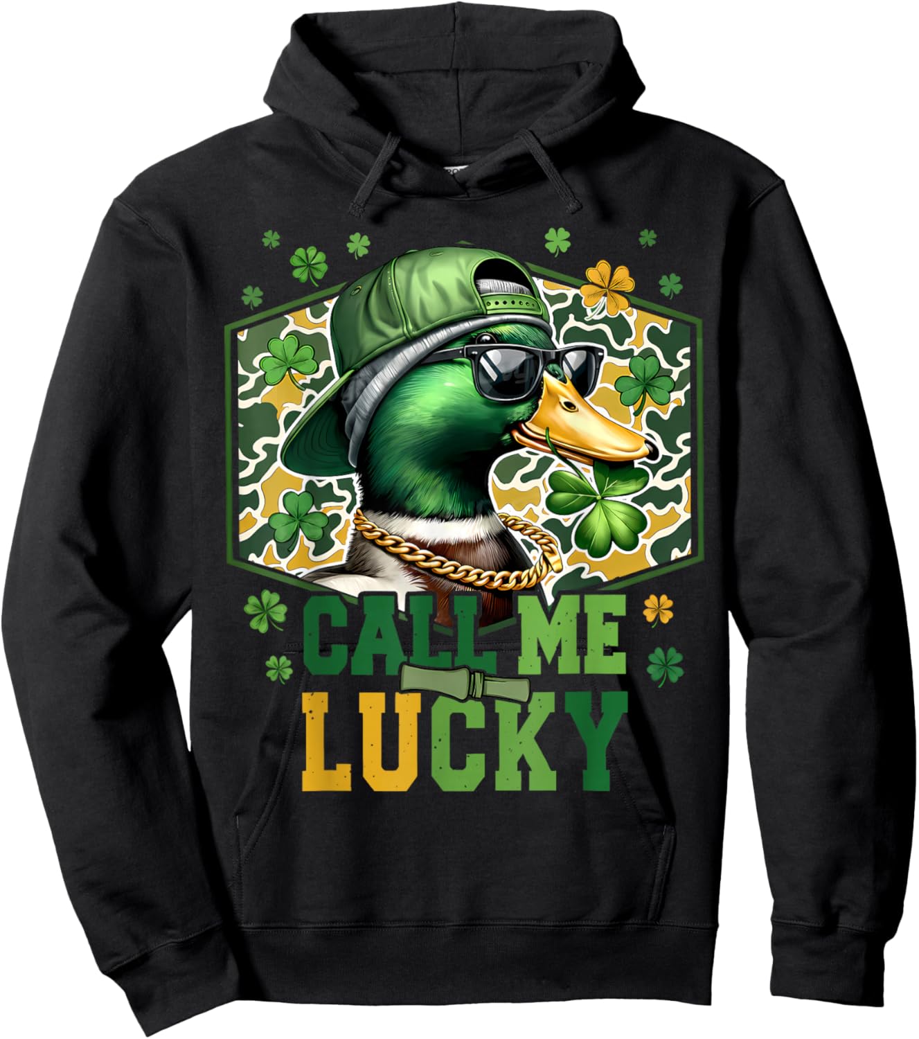 St Patrick Day Call Me Lucky Duck Camo Shamrock Hoodie - Hoodie | Black