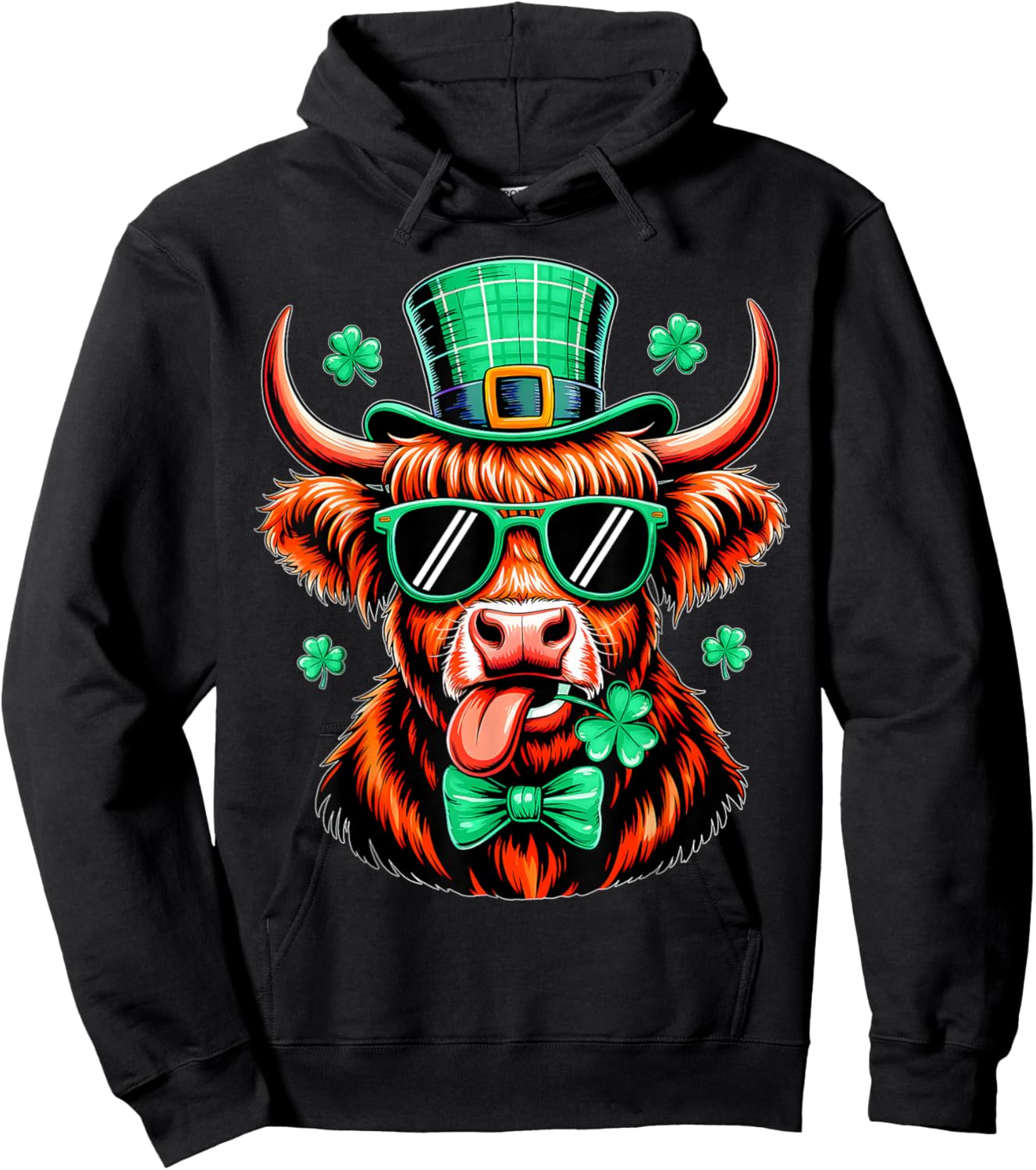 Highland Cow Shamrock St Patricks Day Irish Women Girls Kids Hoodie - Hoodie | Black