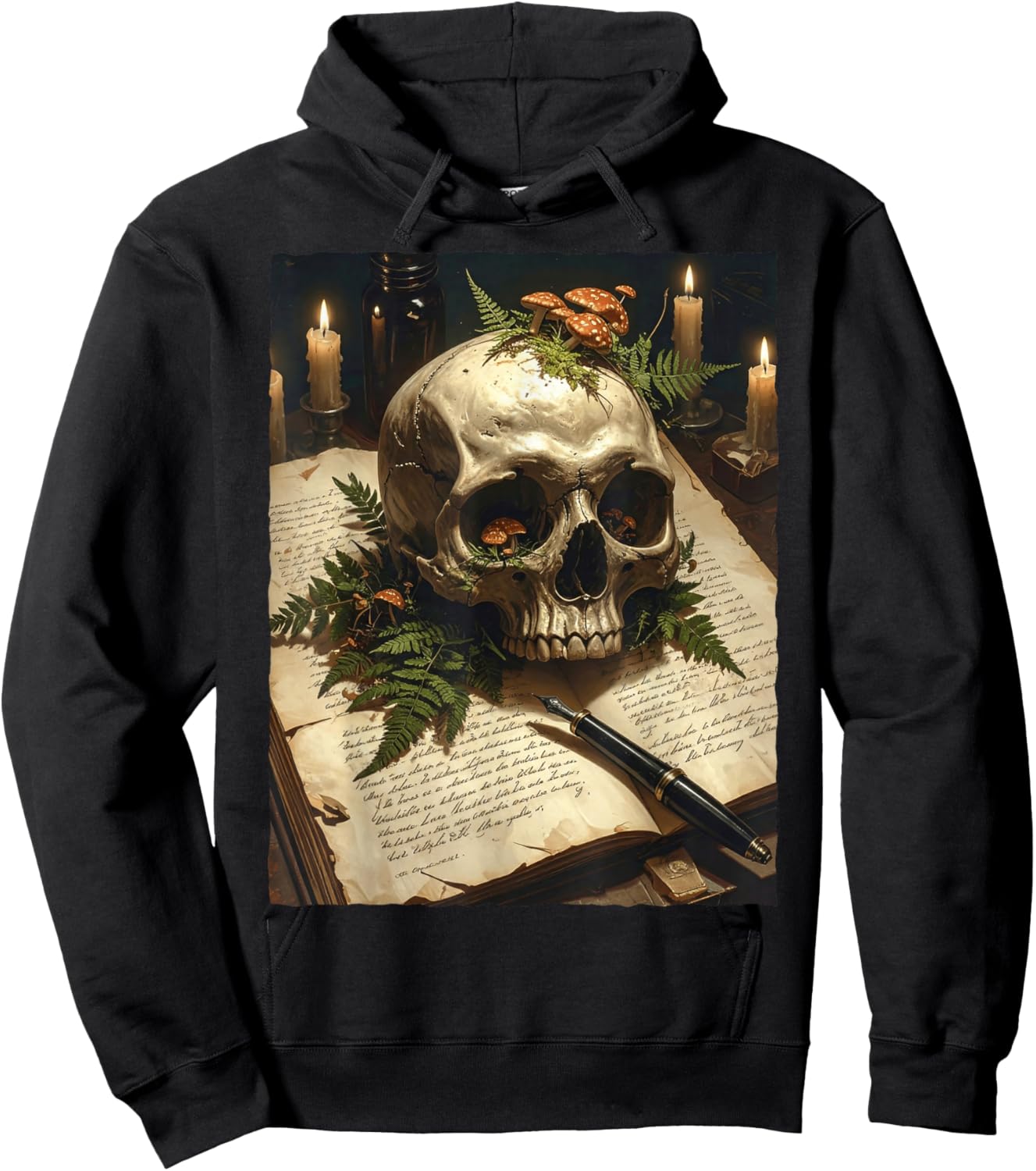 Dark Academia Gothic Mushroom Skull Vintage Book Fern Occult Hoodie - Hoodie | Black