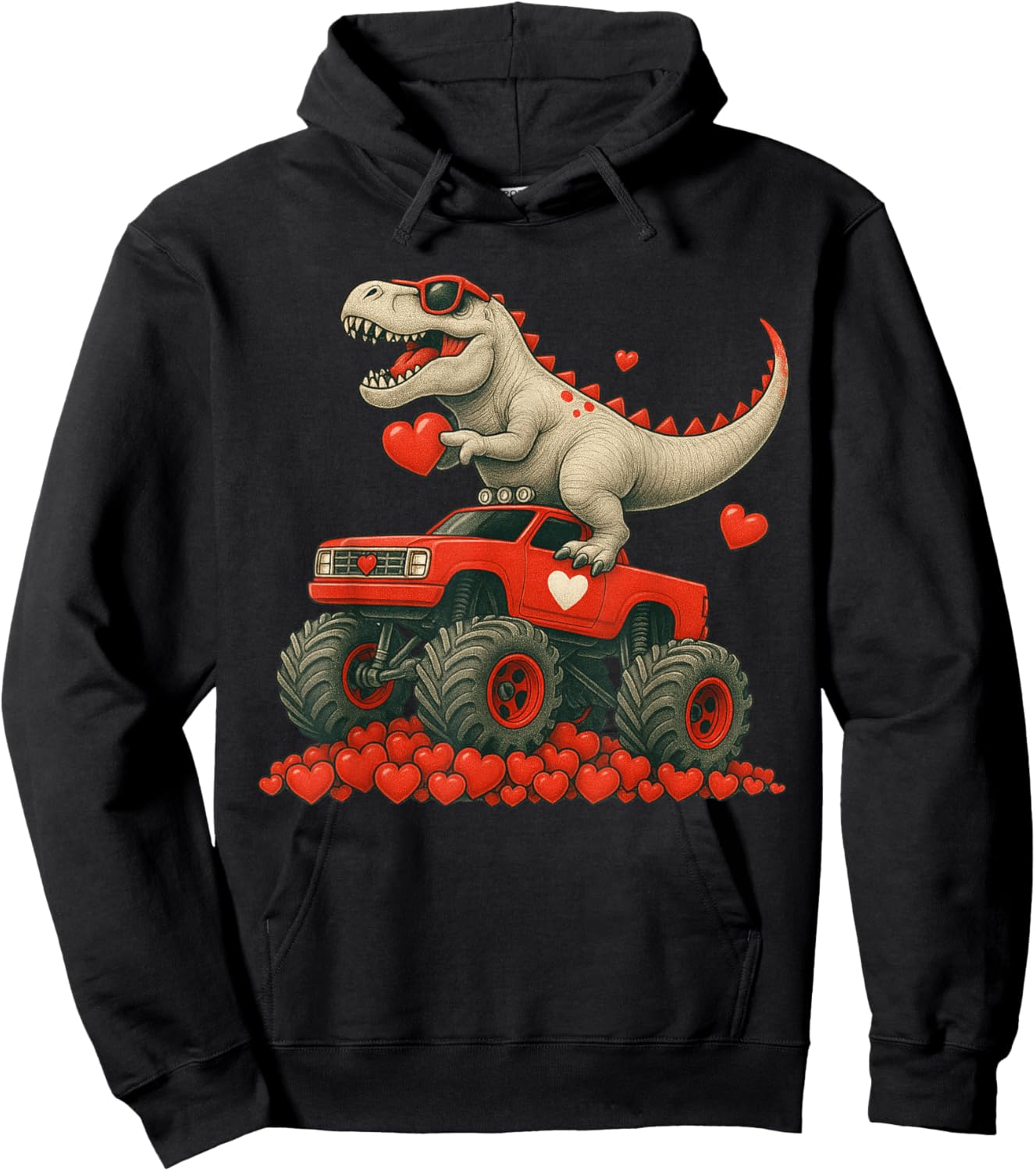 Valentines Day T Rex Riding Monster Truck Funny Toddler Boys Hoodie - Hoodie | Black