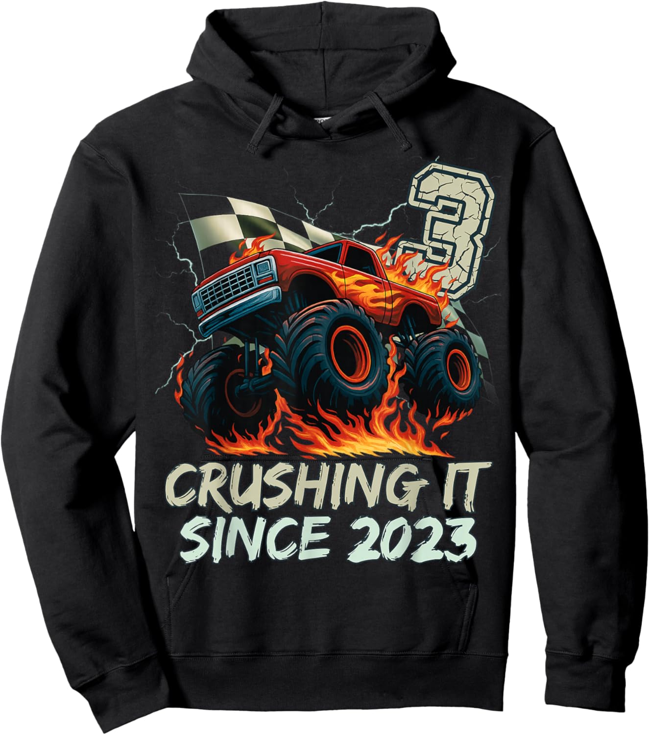 Birthday Monster Truck 3 Year Old Boys 3rd Party Born 2023 Hoodie - Hoodie | Black